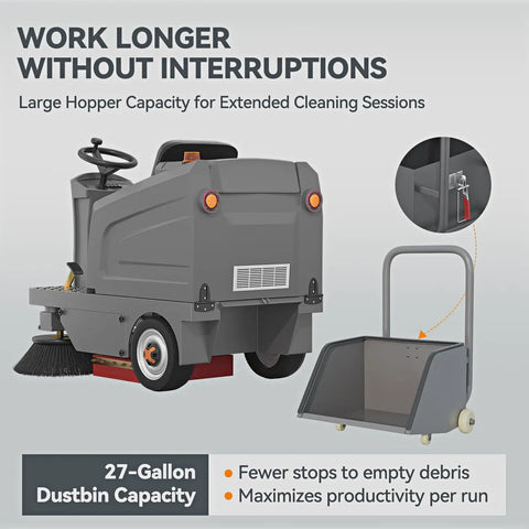Velwoxk 51 Inch Ride-On Industrial Floor Sweeper Machine With Powerful Brooms And Vacuum Suction. Features A Generous 27 Gallon Hopper And 11 Gallon Water Tank For Spotless Jobsites. Achieve Crazy High Efficiency Of Over 92 Thousand Square Feet Per Hour