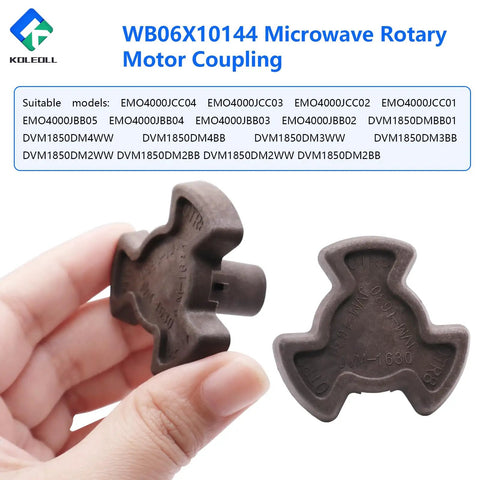 Microwave Turntable Motor Coupler Replacement For GE DVM1850DM And EMO4000J Series Ovens Fits EMO4000JCC01 02 03 04 And DVM1850DM BB WW Models Replacement Part With Easy Install And Durable Construction For Reliable Even Heating., black plastic WB06X10144 microwave rotary motor coupling shown front and side view