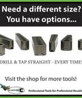 Pro Grade Drill Guide With Seventeen Size Range From 1/8 To 3/8 In 1/64 Increments, precision block tools on display.