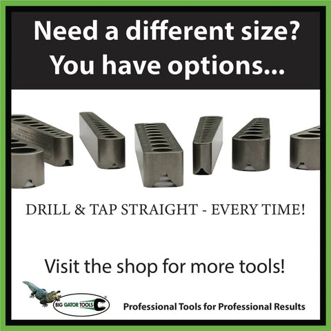 Compact V Drill Guide With Twenty One Drill Sizes For Straight, Accurate Hand Drilling On Flat Surfaces, Corners And Round Parts, Covers Tap Drill Sizes From 10 32 Down To 0 80, Portable Aluminum Jig For DIY Projects And Metalworking shown in various sizes.