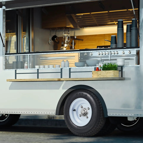 Food truck with 2 Pack 4.80-8 Trailer Tires With 8 Inch Rims 4 Lug On 4 Inch Bolt Pattern Center Bore 2.85 Inch 16.3 Inch Diameter