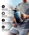 Half Gallon Insulated Water Jug With Comfy Grip Handle, 64oz stainless steel flask in hand, perfect for gym sessions and road trips.