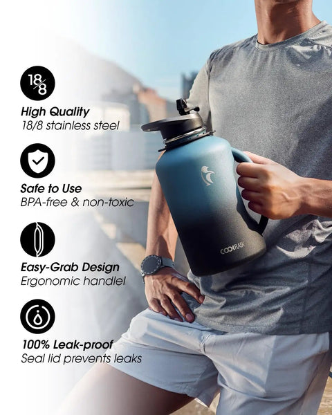 Half Gallon Insulated Water Jug With Comfy Grip Handle, 64oz stainless steel flask in hand, perfect for gym sessions and road trips.