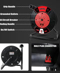 Portable Extension Cord Storage Reel On The Go With Four Grounded Outlets For 12/3 14/3 16/3 Power Cords Tangle Free Heavy Duty Open Cord Reel Hand Crank Electric Cord Roller Holder Red showing grip handle, 4-grounded outlets, and male plug connector.