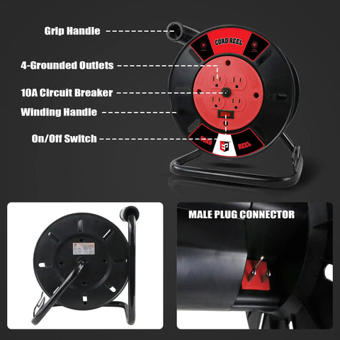 Portable Extension Cord Storage Reel On The Go With Four Grounded Outlets For 12/3 14/3 16/3 Power Cords Tangle Free Heavy Duty Open Cord Reel Hand Crank Electric Cord Roller Holder Red showing grip handle, 4-grounded outlets, and male plug connector.