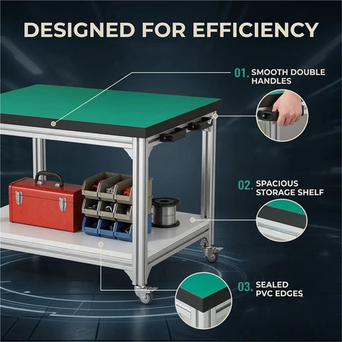 Industrial Anti Static Mobile Workbench Aluminum Utility Cart With 150X80cm Desktop Built Like A Tank showing smooth handles and storage.