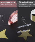 Comparison of double sided craft tape roller kit and liquid glue for scrapbooking, highlighting mess-free and quick application.
