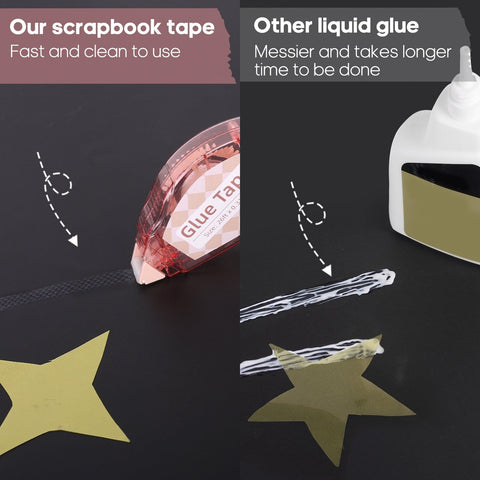 Comparison of double sided craft tape roller kit and liquid glue for scrapbooking, highlighting mess-free and quick application.