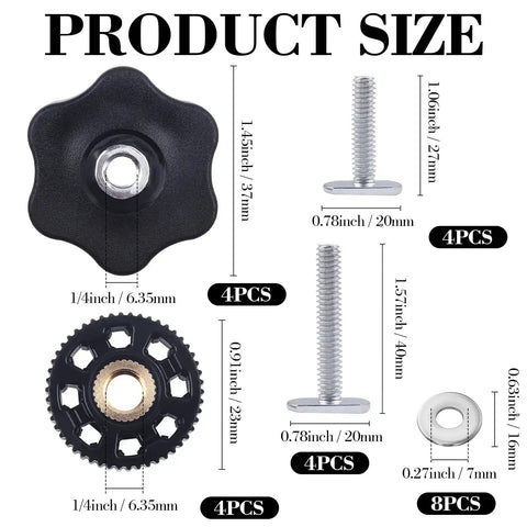Eight Pack T Track Knob Kit with star and skeleton knobs, washers, and bolts, dimensions labeled for woodworking jigs.