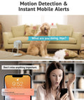 2K Indoor Security Camera for Home, Baby, Elder, and Pet Monitoring With Clear Night Vision, shown with motion alert on phone