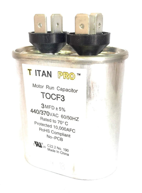 Motor Run Capacitor 3 MFD 370-440VAC 60/50 Hz Oval Shape UL Recognized E185318 High Quality 3 Microfarad HVAC Capacitor For Reliable Motor Performance In Small Fans And Compressors, silver can with spade terminals