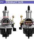 Beefed Up 30mm Carburetor Kit With Exhaust Muffler And Intake Manifold Stage 2 Upgrade For Predator 420 And GX Series Engines 301cc 389cc 11HP 13HP Designed For Mini Bikes Go Karts Or Cart Projects, front and side view with dimensions marked.