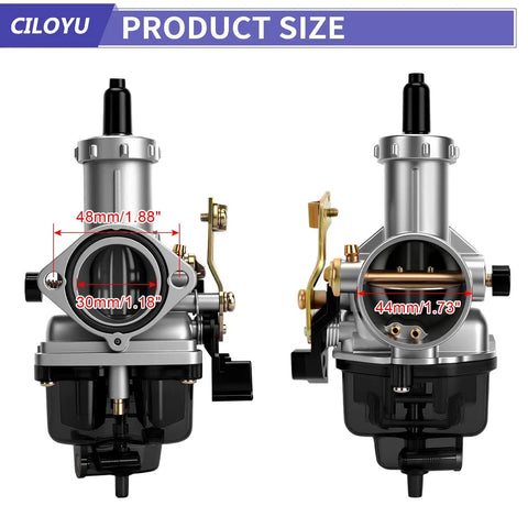 Beefed Up 30mm Carburetor Kit With Exhaust Muffler And Intake Manifold Stage 2 Upgrade For Predator 420 And GX Series Engines 301cc 389cc 11HP 13HP Designed For Mini Bikes Go Karts Or Cart Projects, front and side view with dimensions marked.