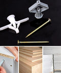 Heavy Duty Gypsum Board Expansion Screws With Nylon Butterfly Anchors Deliver Badass Hold Perfect For Hanging Pictures And Lights On Hollow Walls No Sweat Setup Real Legit Quality Grey components including screws and plastic anchors on a black surface.