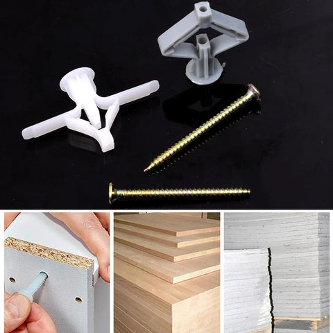 Heavy Duty Gypsum Board Expansion Screws With Nylon Butterfly Anchors Deliver Badass Hold Perfect For Hanging Pictures And Lights On Hollow Walls No Sweat Setup Real Legit Quality Grey components including screws and plastic anchors on a black surface.