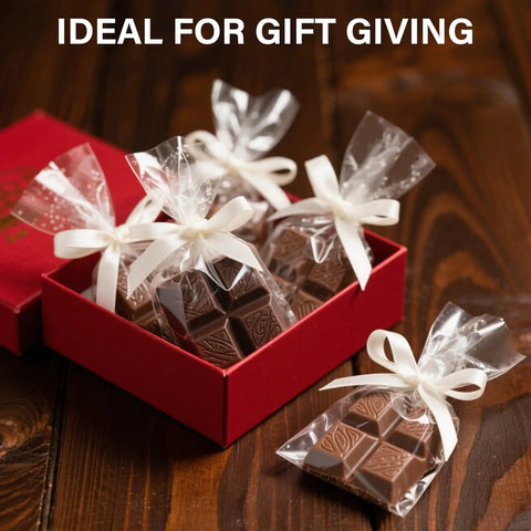 Chocolate bars in clear cellophane bags 4x6 inch with white ribbons, perfect for gift giving