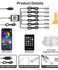 RGB Car Interior Lighting Kit With Fiber Optic 6 In 1 Ambient Light details shown with app control, RF remote, and integrated fiber optic.