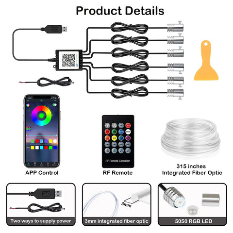 RGB Car Interior Lighting Kit With Fiber Optic 6 In 1 Ambient Light details shown with app control, RF remote, and integrated fiber optic.