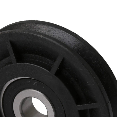 Close-up of Heavy Duty Nylon Cable Pulley Wheel Idler With V Groove, 60 mm outer diameter, steel bearing core for industrial use