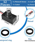 Diagram of 2 Pack Auto On Off Outdoor Dusk to Dawn Photocell Sensor with parts: photocell, gasket, lock nut, power line, waterproof ring.