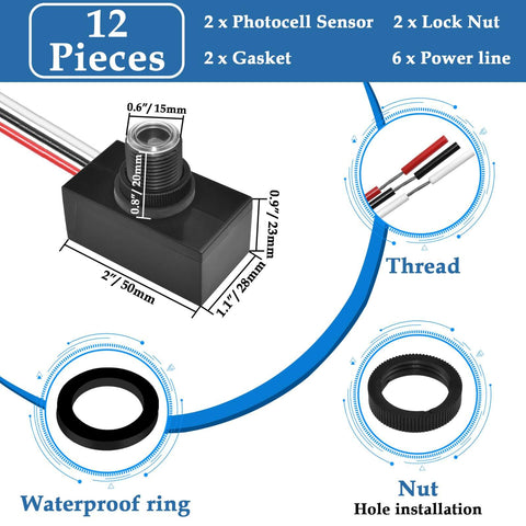 Diagram of 2 Pack Auto On Off Outdoor Dusk to Dawn Photocell Sensor with parts: photocell, gasket, lock nut, power line, waterproof ring.