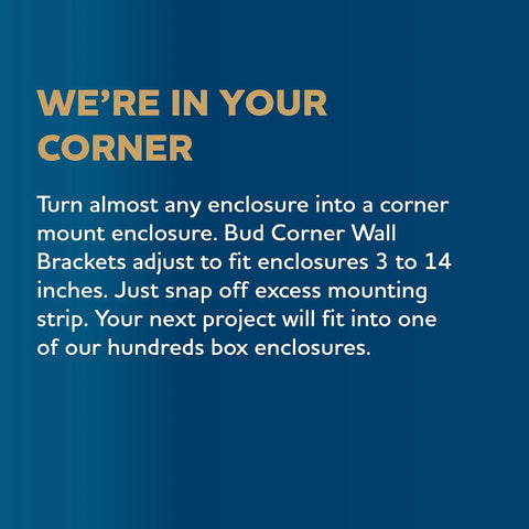 Text about corner wall brackets for enclosure boxes with adjustable fit from 3 to 14 inches and project compatibility information.