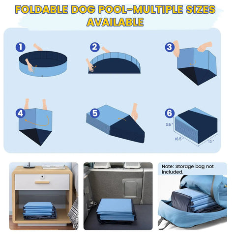 Instructions showing setup of foldable 57 inch pool for dogs and kiddos non slip portable plastic tub wading pool.