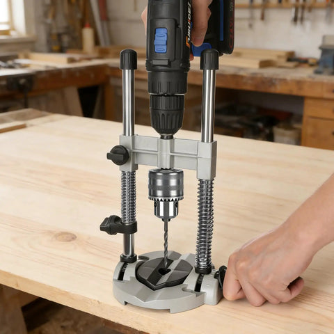 Hands using Drill Guide Stand For Cordless Drills And More Portable Drill Press Attachment with Half Inch Chuck on wooden surface