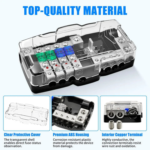 12V Fused Power Distribution Block For Car Stereo, 4-Way MIDI Fuse Block With Ground, Handles 0/2/4 GA In And 4/6/8 GA Out, Dual Positive Sides With Individual Fuses, Perfect For Auto, Marine, Boat And Solar Setups. Clear ABS cover