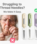 Must Have All In One 5 In 1 Automatic Needle Threader With Seam Ripper Magnetic Needle Minder Thimble And 8 Hand Sewing Needles For Quick Threading On Hand Sewing Embroidery Cross Stitch And Repairs Purple shown next to elderly person threading needle manually.