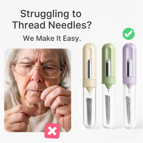Must Have All In One 5 In 1 Automatic Needle Threader With Seam Ripper Magnetic Needle Minder Thimble And 8 Hand Sewing Needles For Quick Threading On Hand Sewing Embroidery Cross Stitch And Repairs Purple shown next to elderly person threading needle manually.