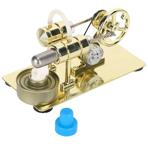 Stirling Engine Model For Kids And Classrooms Easy To Assemble Physics Science Toy With Brushed Stainless Steel Base Hands On Heat To Motion Demonstrator, shown in gold color with a blue cap accessory