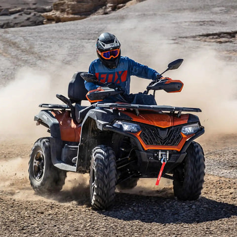 ATV equipped with 12V 3500LBS ATV UTV Electric Winch With Steel Cable Wireless Remote Roller Fairlead IP67 Waterproof on rocky trail