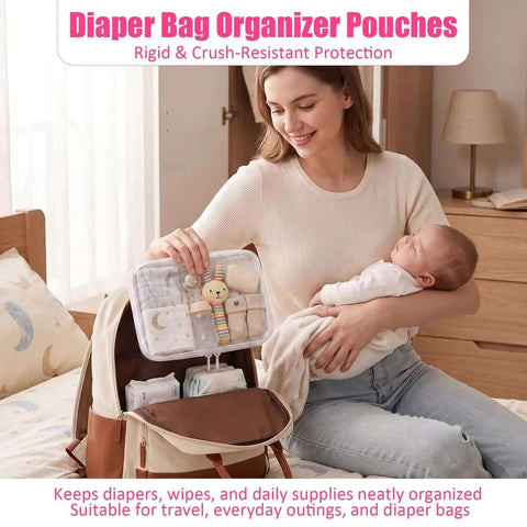 Straight Up Heavy Duty Clear Hard Shell Zipper Cases, Major Game Changer Diaper Bag Organizers, Smooth Travel Storage Pouches for zero fuss baby essentials organization with mother packing a case.