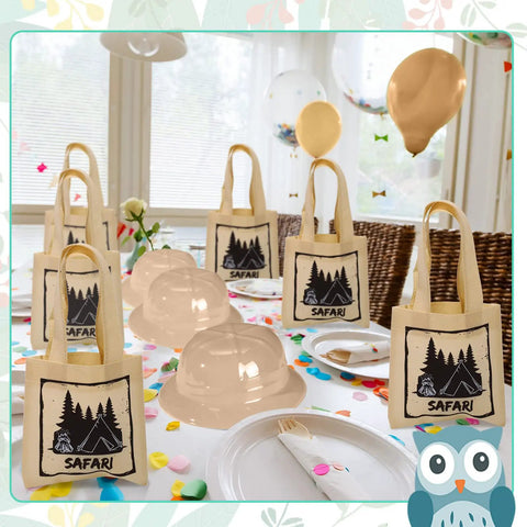 Kids Explorer Costume Set 36 Pcs With Plastic Explorer Hats Vest And Tote Bag For Outdoor Adventure Party Favors on table