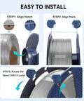 Installation steps for PLA Plus 2.0 No Spool Filament Refill Bundle with easy alignment and locking spool mechanism.