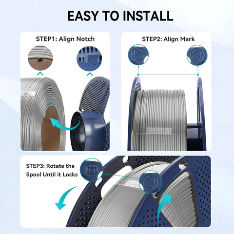 Installation steps for PLA Plus 2.0 No Spool Filament Refill Bundle with easy alignment and locking spool mechanism.