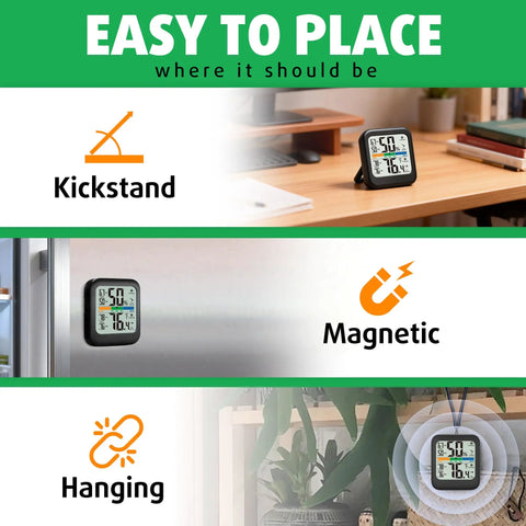 Room Thermometer And Hygrometer Real Time Temperature And Humidity Monitor With Fast Five Second Refresh High Accuracy Digital Meter With 24 Hour Max Min Data Ideal For Humidifiers And Air Conditioning Control, black desk display with kickstand, magnetic and hanging use