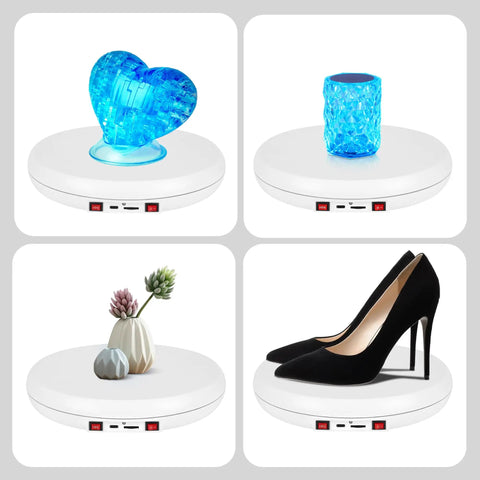 Rotating Display Stand With 10 Inch LED Light Turntable Base Black Spinning Platform showcasing blue heart and decorative items.