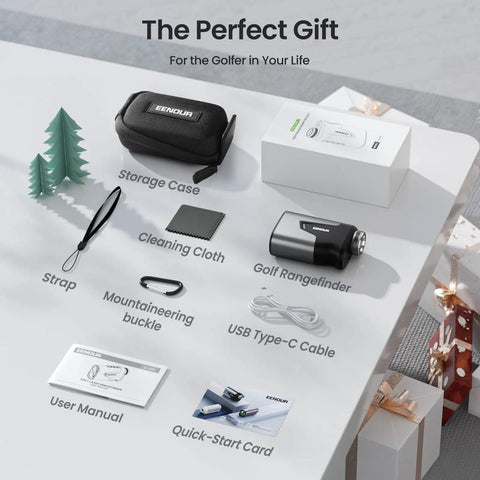 Golf Range Finder With Slope 1200 Yards Laser Distance Meter Pin Lock Vibration 7x Magnification set with accessories on a table