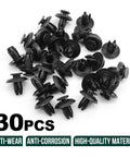 30-Piece Push Type Retainer Clip Set For Bumper Engine Cover And Fender Splash Shield Compatible With Mazda 3 5 6 CX-3 CX-5 CX-9 MX-5 Miata And Toyota Scion Models OEM Replacement Part Numbers 90118-WB048 And B45A-56-146A, shown out of packaging.