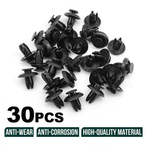 30-Piece Push Type Retainer Clip Set For Bumper Engine Cover And Fender Splash Shield Compatible With Mazda 3 5 6 CX-3 CX-5 CX-9 MX-5 Miata And Toyota Scion Models OEM Replacement Part Numbers 90118-WB048 And B45A-56-146A, shown out of packaging.