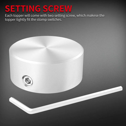 Metal Footswitch Topper for Guitar Effect Pedals with Rubber Insert and Dual Set Screws, shown with fixing tool.
