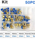 Ultimate PC Series Pneumatic Fitting Combo Kit Featuring Push In Quick Release Air Hose Connectors And Tube Couplers For Compressor Hoses In 1/4 Inch And 1/8 Inch Sizes For Heavy Duty DIY Gas And Water Jobs, 50-piece brass fittings