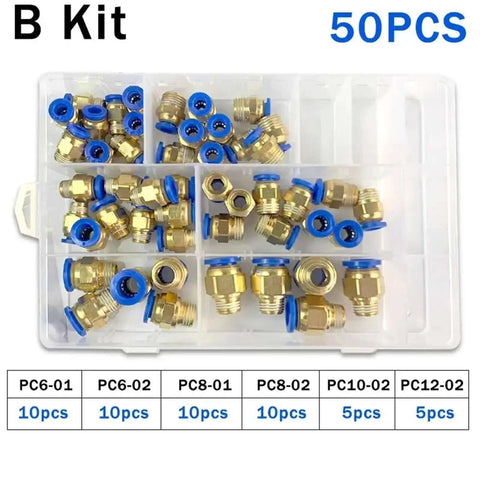 Ultimate PC Series Pneumatic Fitting Combo Kit Featuring Push In Quick Release Air Hose Connectors And Tube Couplers For Compressor Hoses In 1/4 Inch And 1/8 Inch Sizes For Heavy Duty DIY Gas And Water Jobs, 50-piece brass fittings