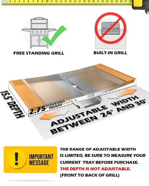 Grease Tray With Catch Pan For Gas Grills, Adjustable Stainless Drip Pan Fits 24 to 30 Inch Grill Width, depth shown.