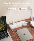 Killer Smart Power Strip And Charging Station Featuring Six Controlled Outlets Plus Four Usb Ports With Rapid Type C Delivery Hella Easy App Setup Flawless On Alexa And Google Home Slim Flat Extension Cable For Bedroom Or Office Space with laptop and tablet.