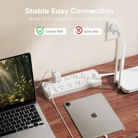Killer Smart Power Strip And Charging Station Featuring Six Controlled Outlets Plus Four Usb Ports With Rapid Type C Delivery Hella Easy App Setup Flawless On Alexa And Google Home Slim Flat Extension Cable For Bedroom Or Office Space with laptop and tablet.