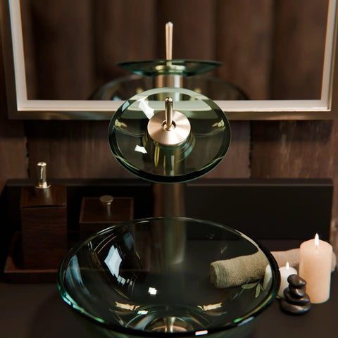 Oil Rubbed Bronze Vessel Waterfall Faucet With Tea Glass, Single Lever, Deck Mount, Solid Brass Construction in bathroom