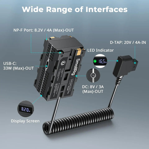 Image of D Tap To Dual Sided NP-F Dummy Battery With USB-C Port And DC Output LED Display, showcasing USB-C, D-Tap, and LED details.